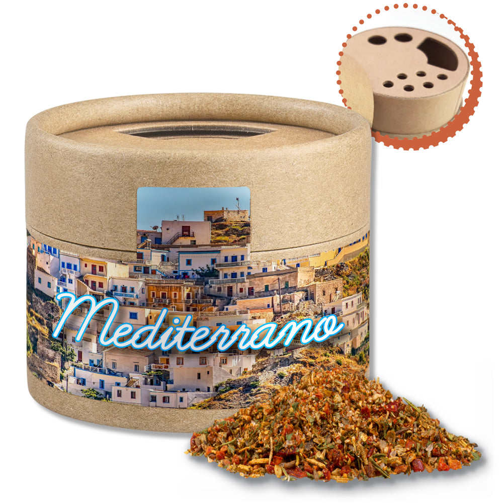Gewürzstreuer Mini mit Logo Etikett – Gewürzmischung Mediterraner Veggie Mix, ca. 28 g