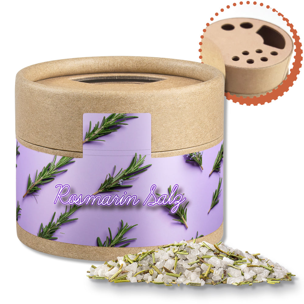 Gewürzstreuer Mini mit Logo Etikett – Gewürzmischung Rosmarin Salz, ca. 52 g