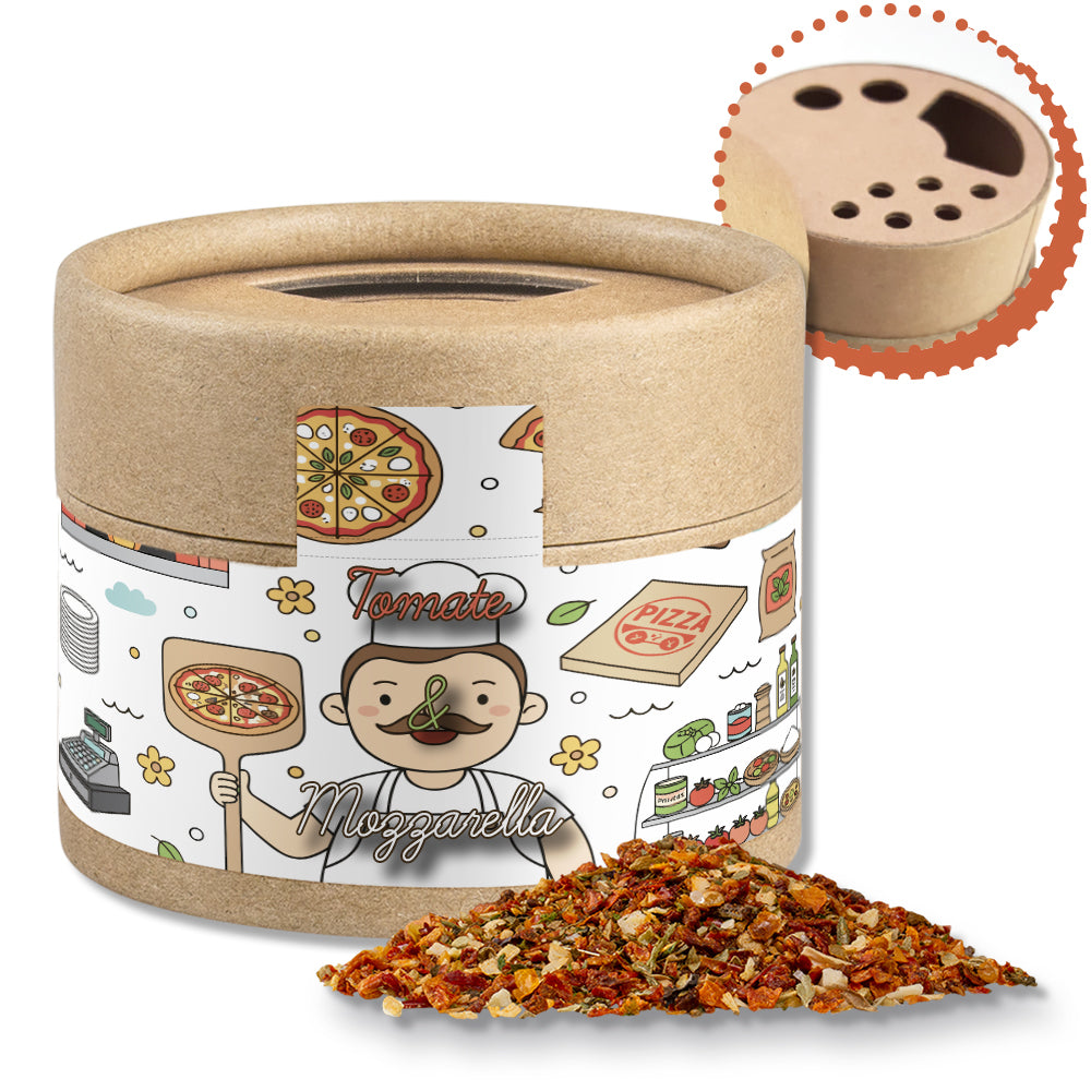 Gewürzstreuer Mini mit Logo Etikett – Gewürzmischung Tomate Mozzarella, ca. 28 g