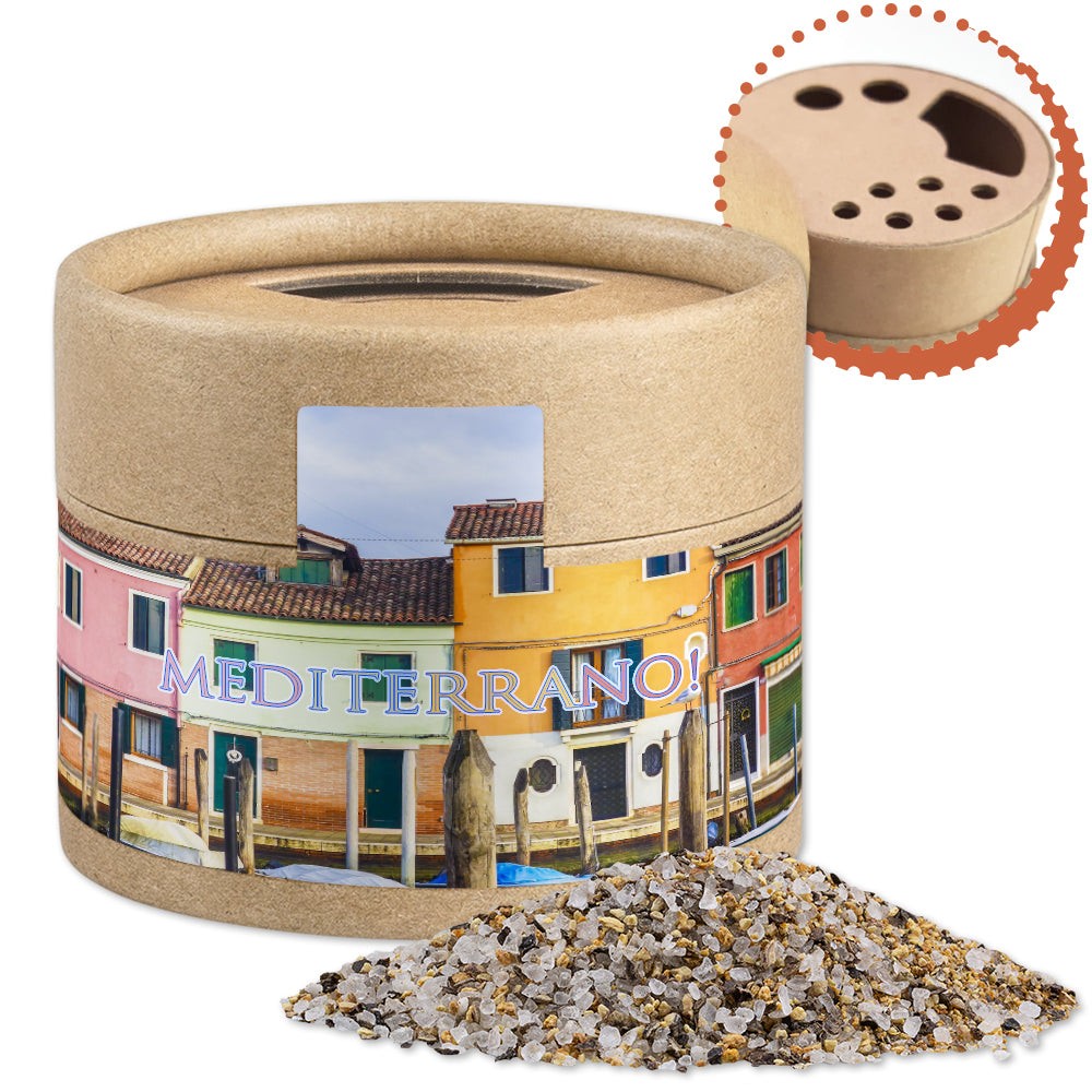 Gewürzstreuer Mini mit Logo Etikett – Mediterranes Salz, ca. 50 g