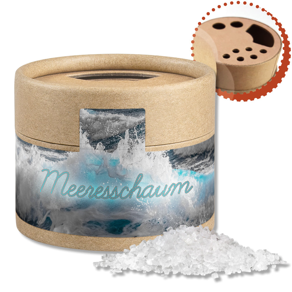 Gewürzstreuer Mini mit Logo Etikett – Meersalz, ca. 75 g