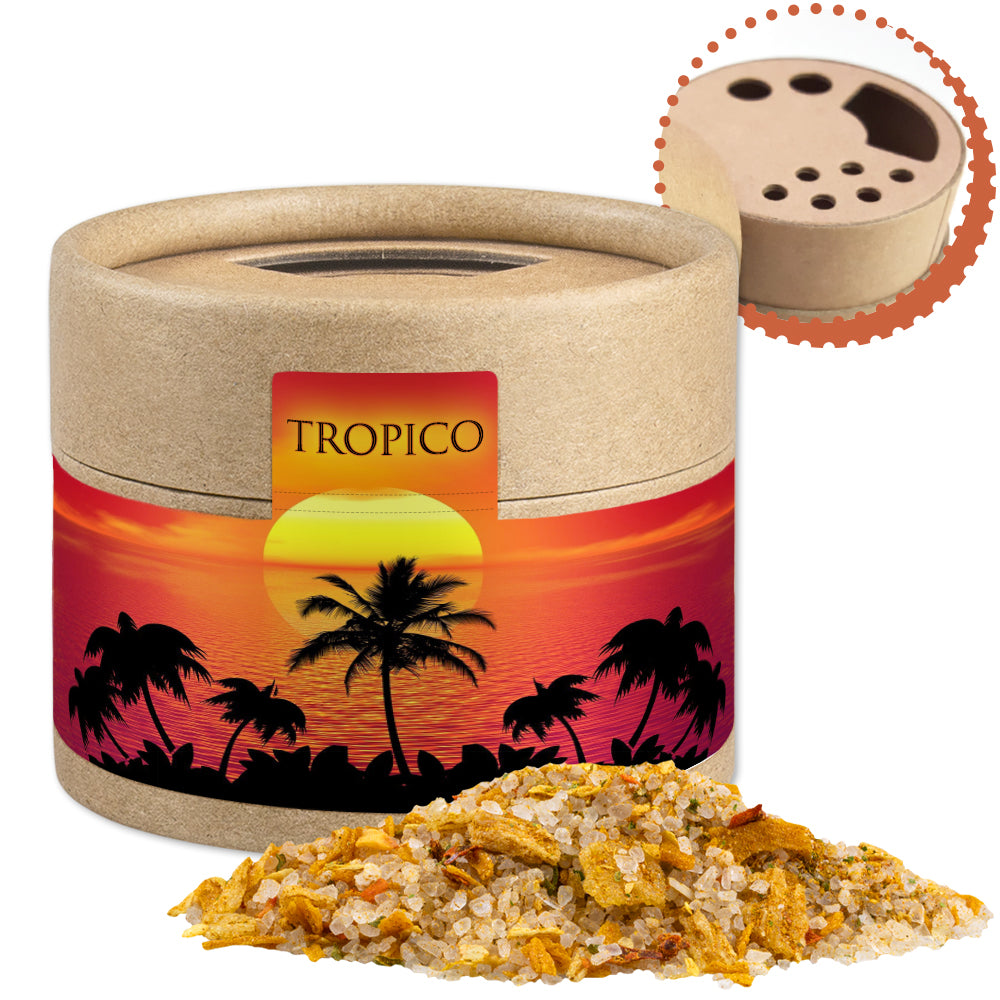Gewürzstreuer Mini mit Logo Etikett – Tropiksalz, ca. 50 g