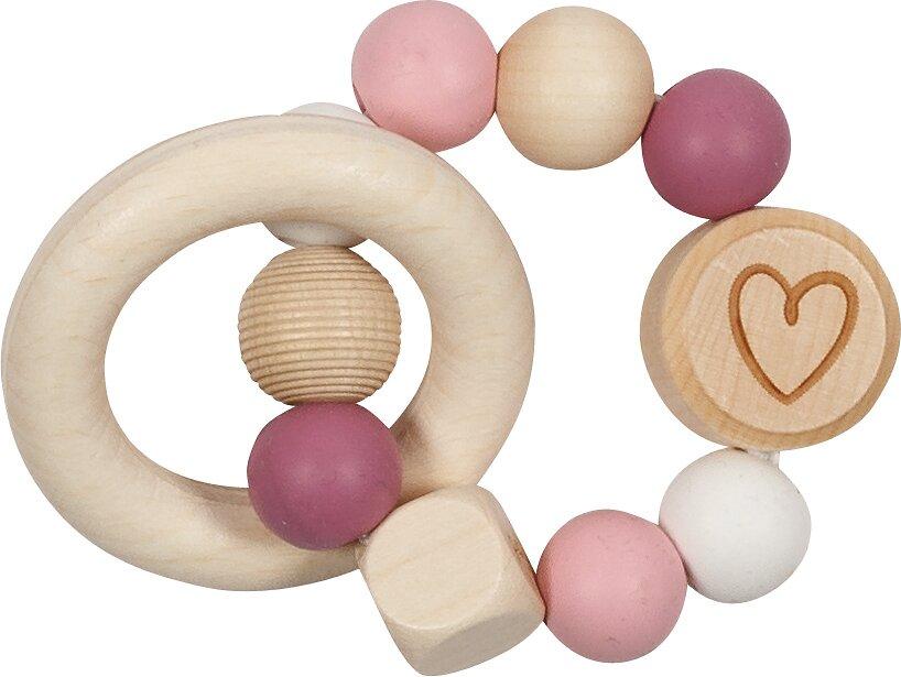 Greifling Herz mit Holzring in Rosa und Beere