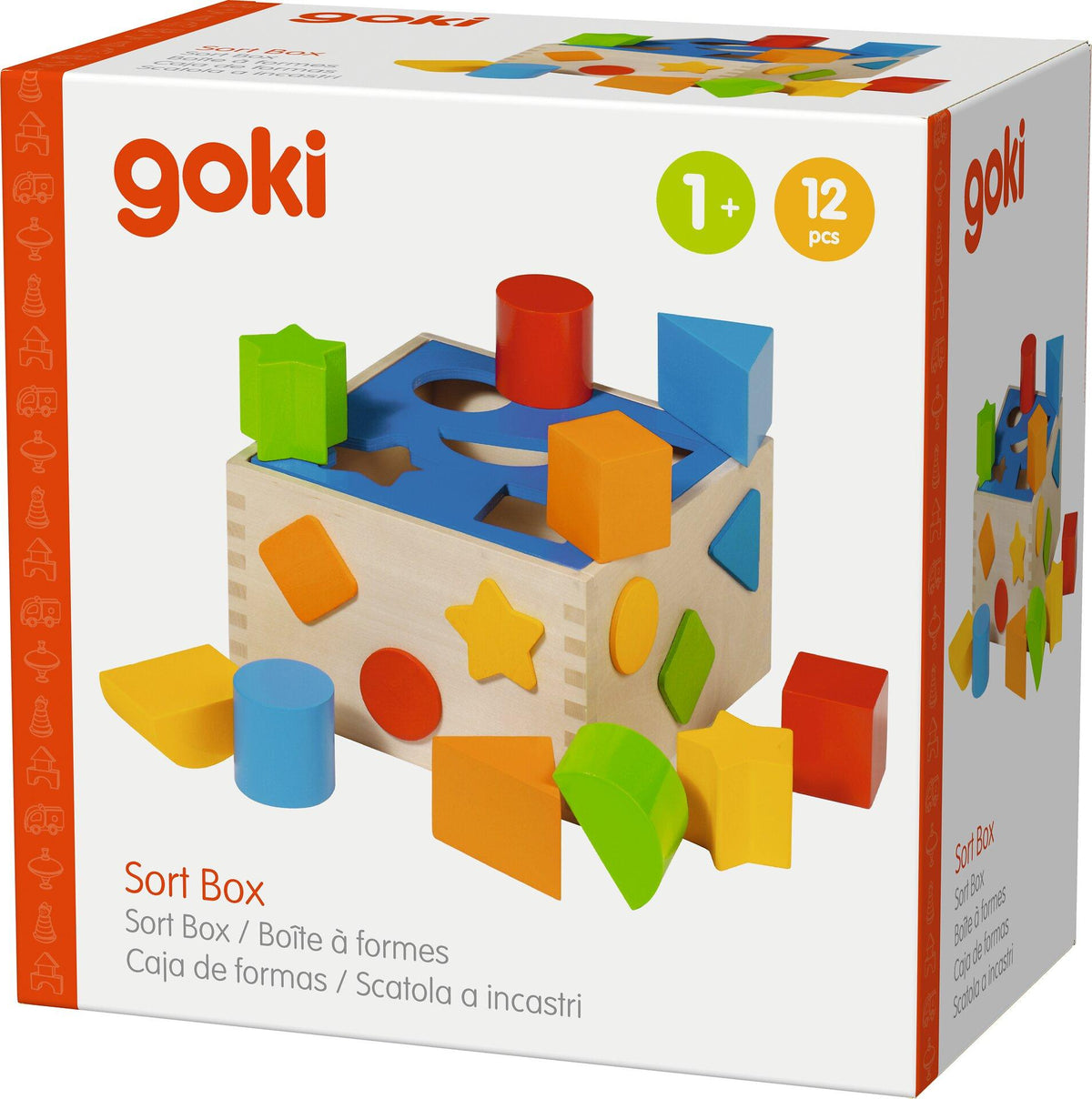 Große Steckbox aus Holz mit zehn Klötzen von goki – Verpackung