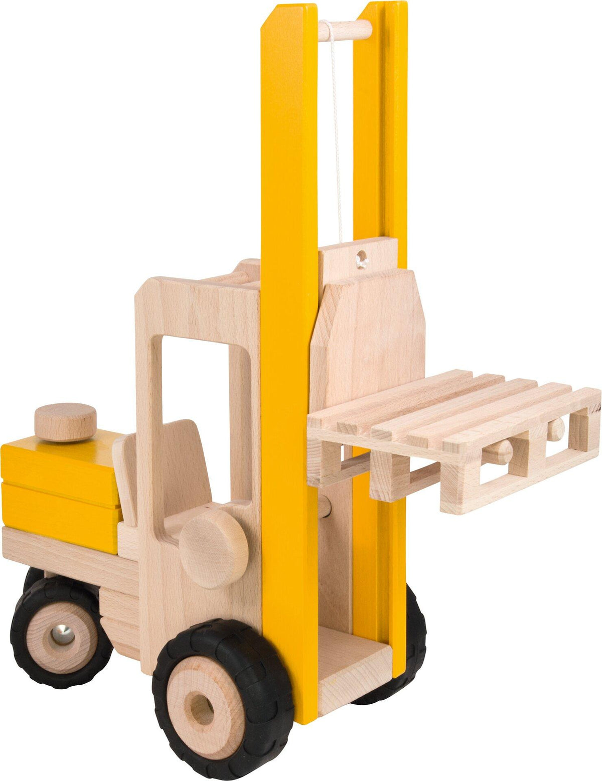 Großer Gabelstapler aus Holz mit Palette von goki – Nahaufnahme