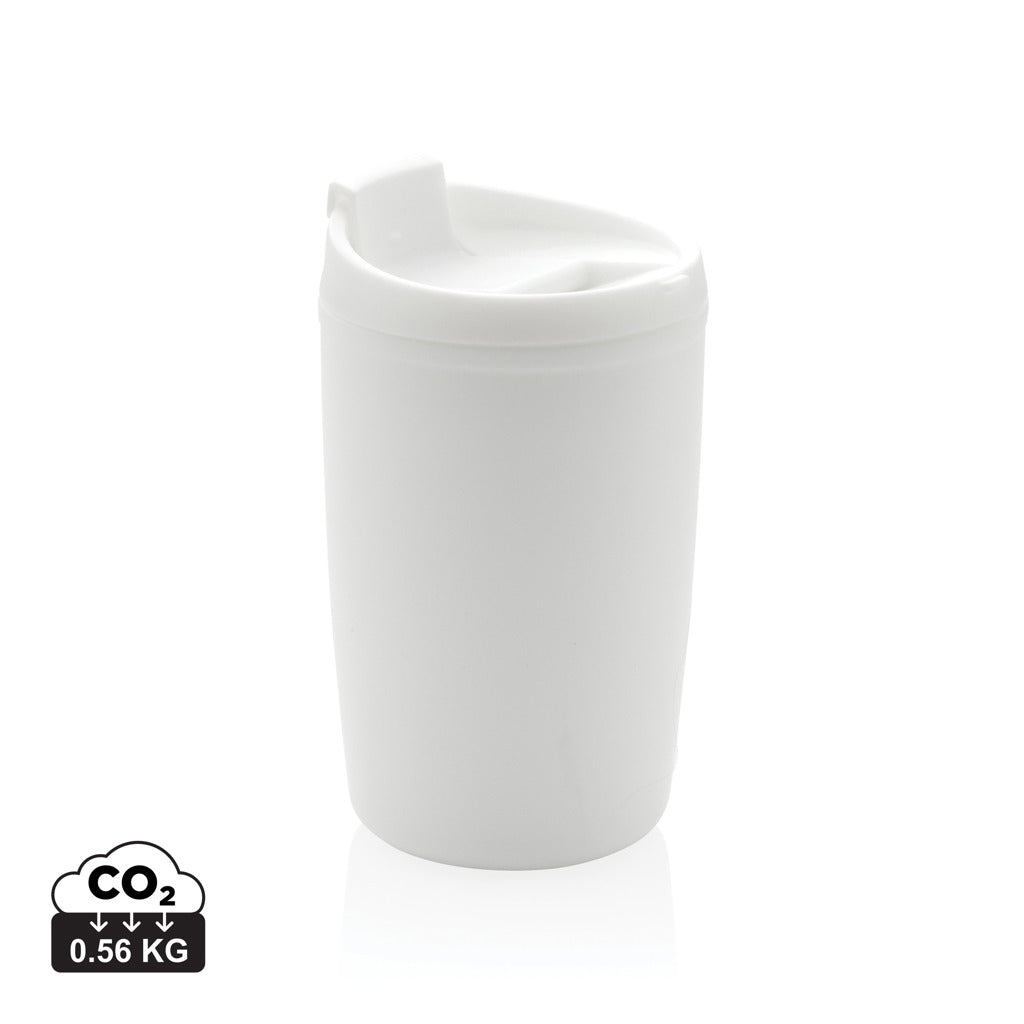 GRS recycelter PP-Becher mit Flip-Deckel – weiß