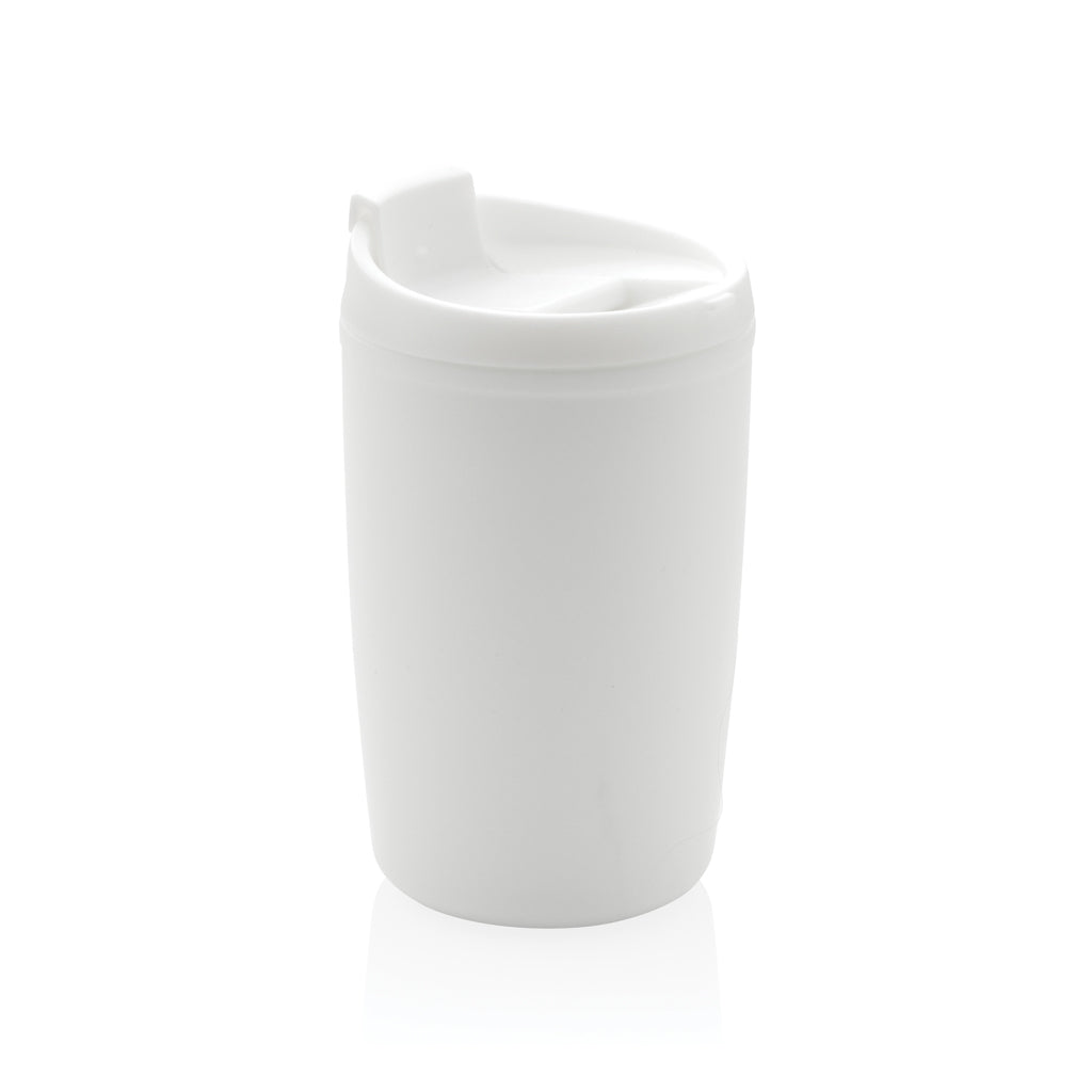 GRS recycelter PP-Becher mit Flip-Deckel – weiß