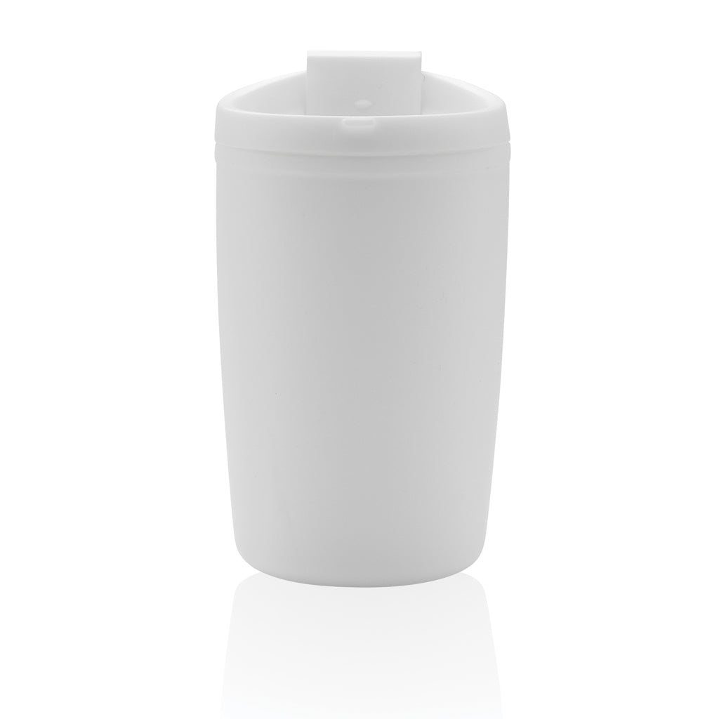 GRS recycelter PP-Becher mit Flip-Deckel – weiß