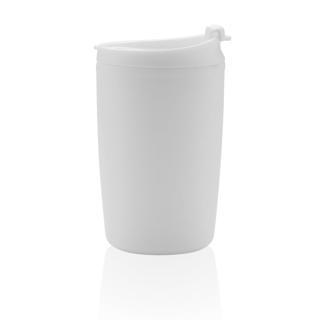 GRS recycelter PP-Becher mit Flip-Deckel – weiß