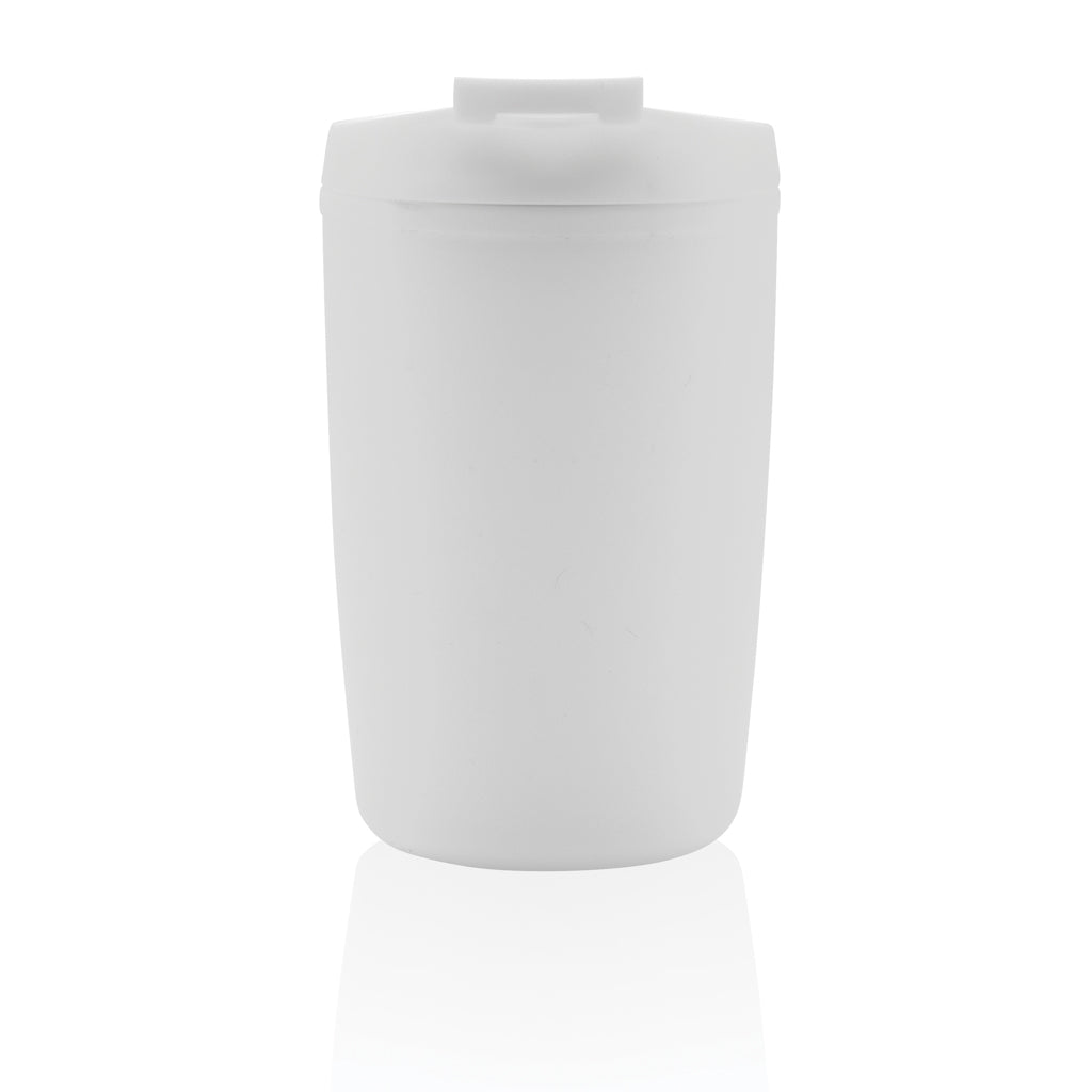 GRS recycelter PP-Becher mit Flip-Deckel – weiß
