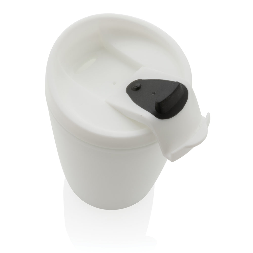 GRS recycelter PP-Becher mit Flip-Deckel – weiß