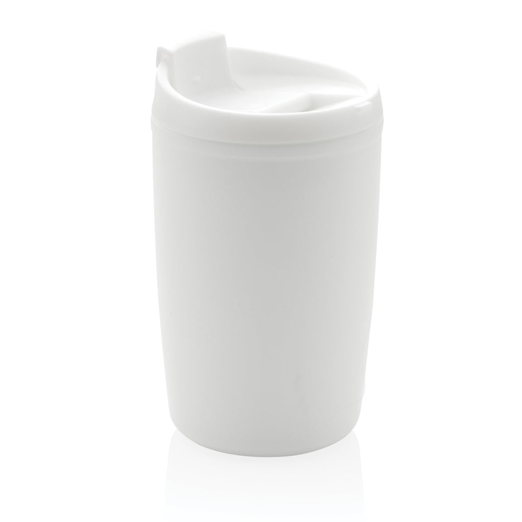 GRS recycelter PP-Becher mit Flip-Deckel – weiß