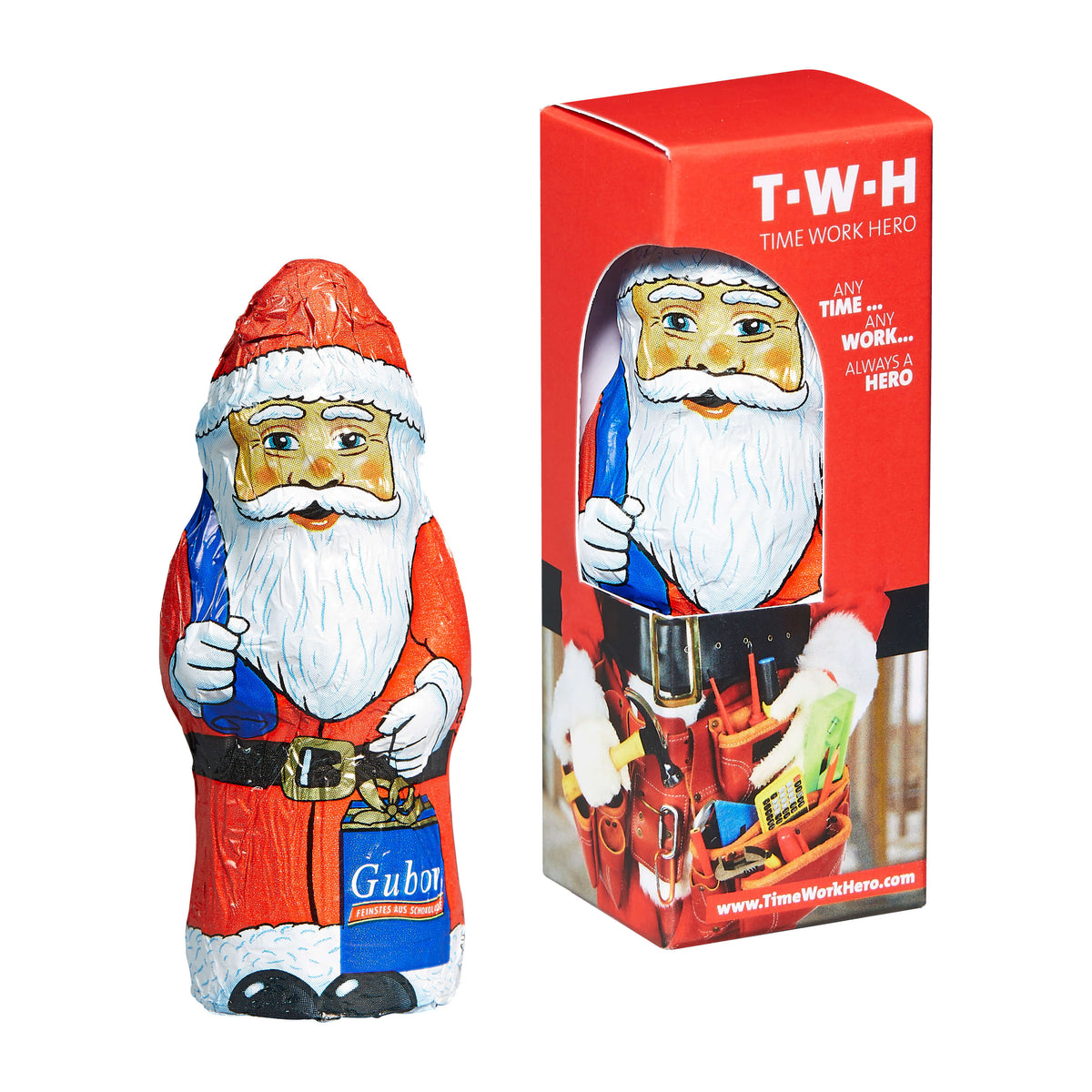 Gubor Weihnachtsmann in bedruckter Werbebox mit Sichtfenster