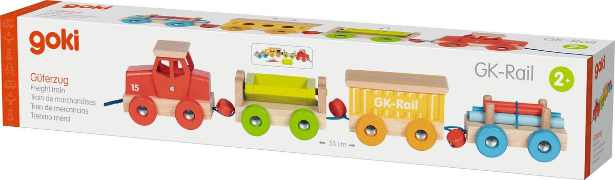 Güterzug aus Holz mit Lok und drei Wagen von goki – Verpackung