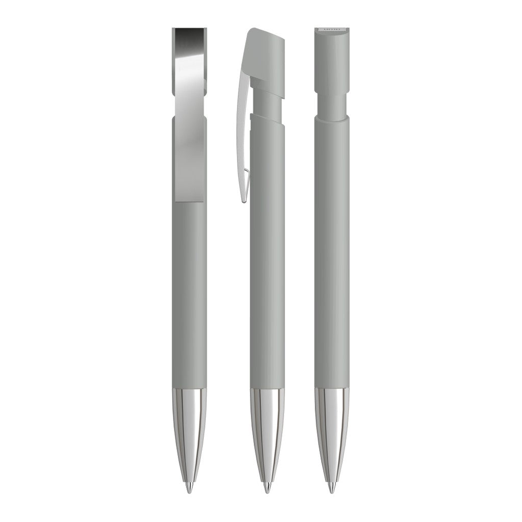 Gummierter Druckkugelschreiber mit Metallspitze – Grau