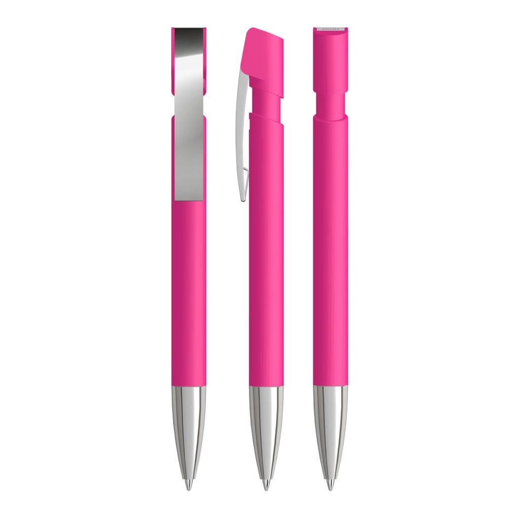 Gummierter Druckkugelschreiber mit Metallspitze – Magenta