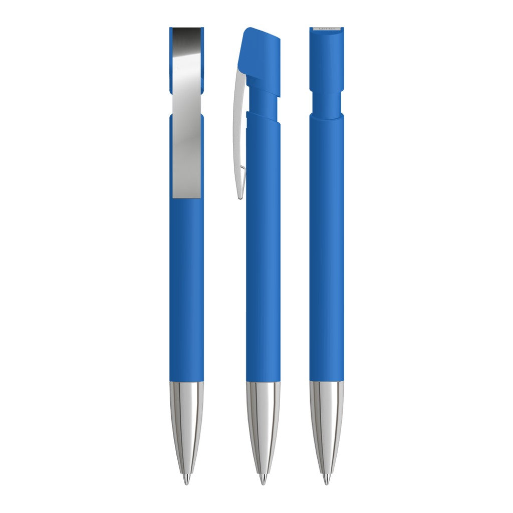Gummierter Druckkugelschreiber mit Metallspitze – Mittelblau