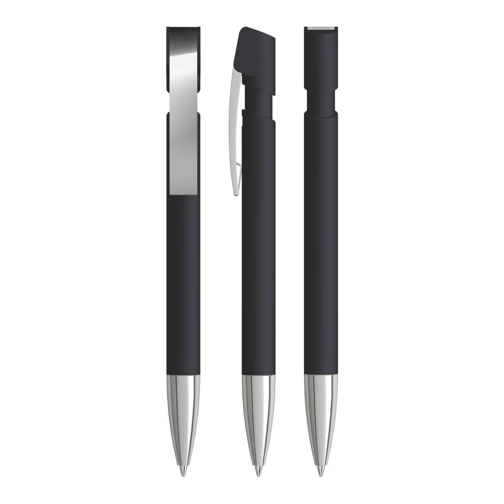 Gummierter Druckkugelschreiber mit Metallspitze – Schwarz