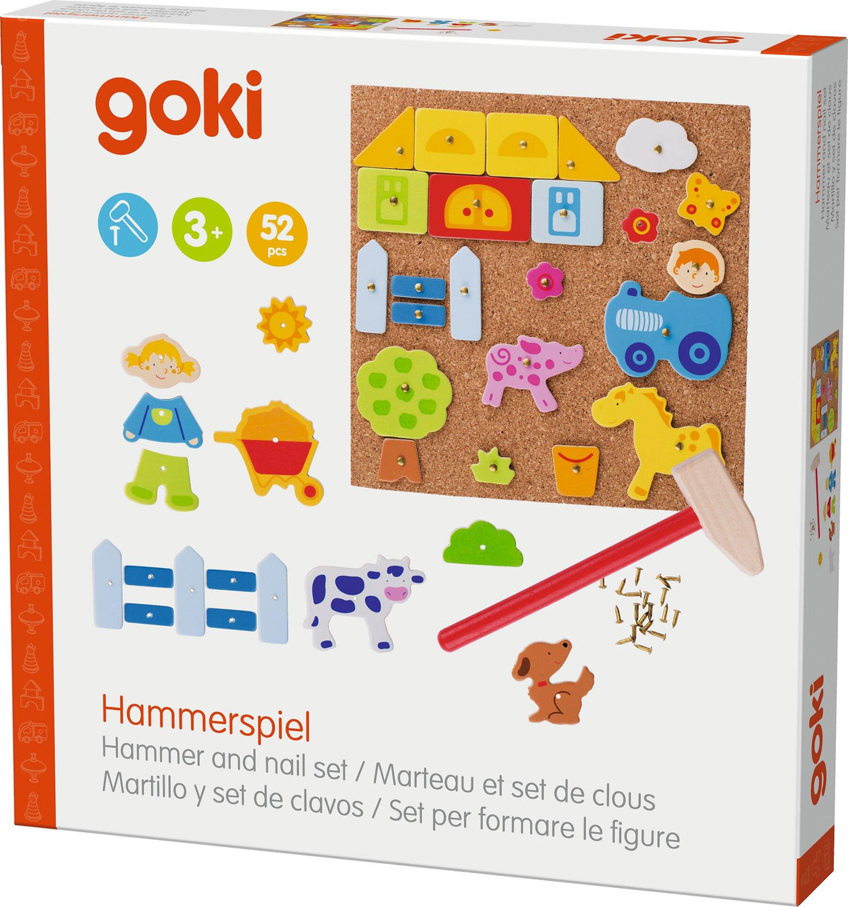 Hammerspiel Farm mit Tieren, Traktor und Korkplatte – Seitenansicht