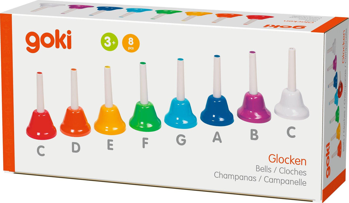 Handglocken Set mit Griff in acht Farben von goki – Verpackung