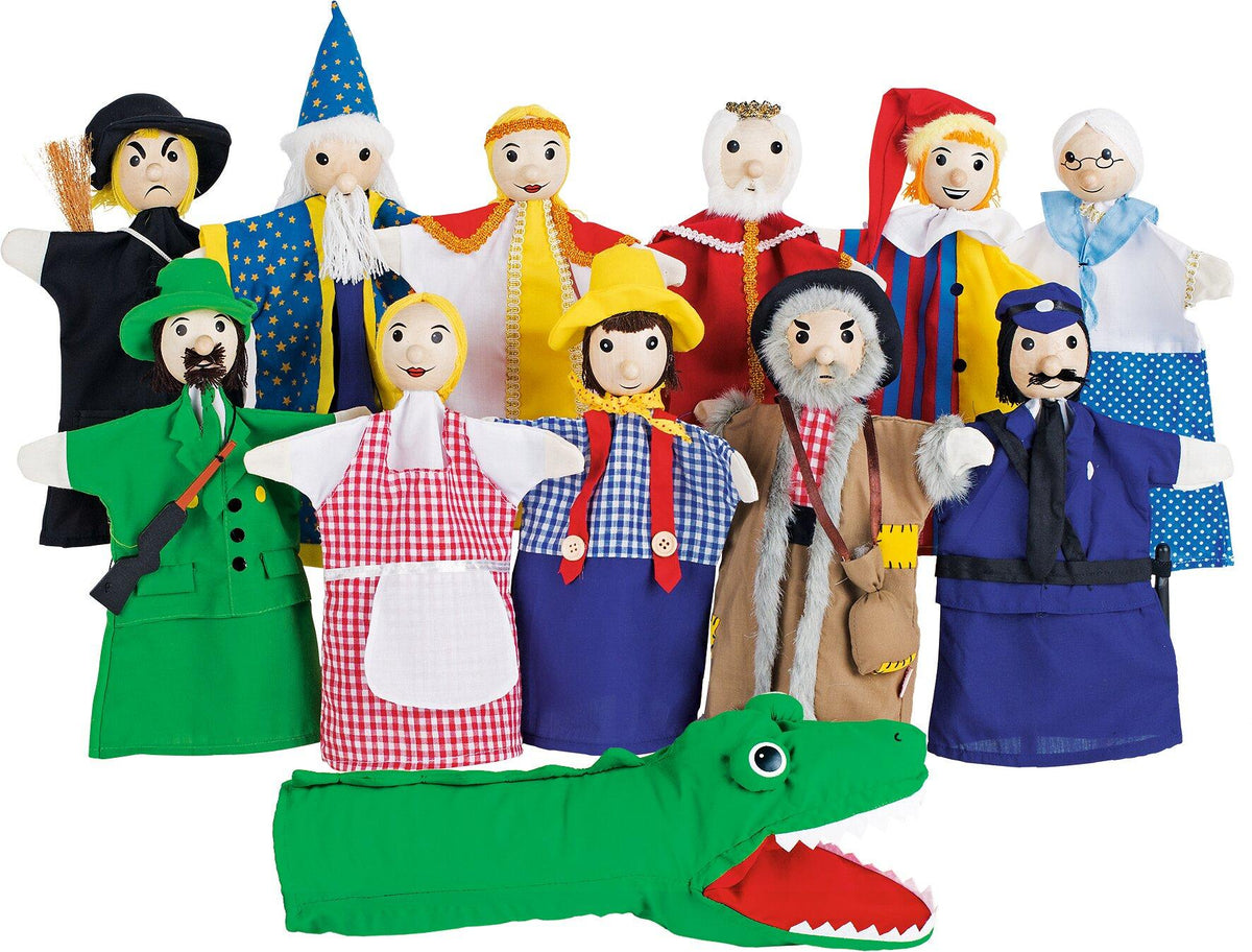 Handpuppenset Märchenfiguren und Krokodil aus Stoff und Holz
