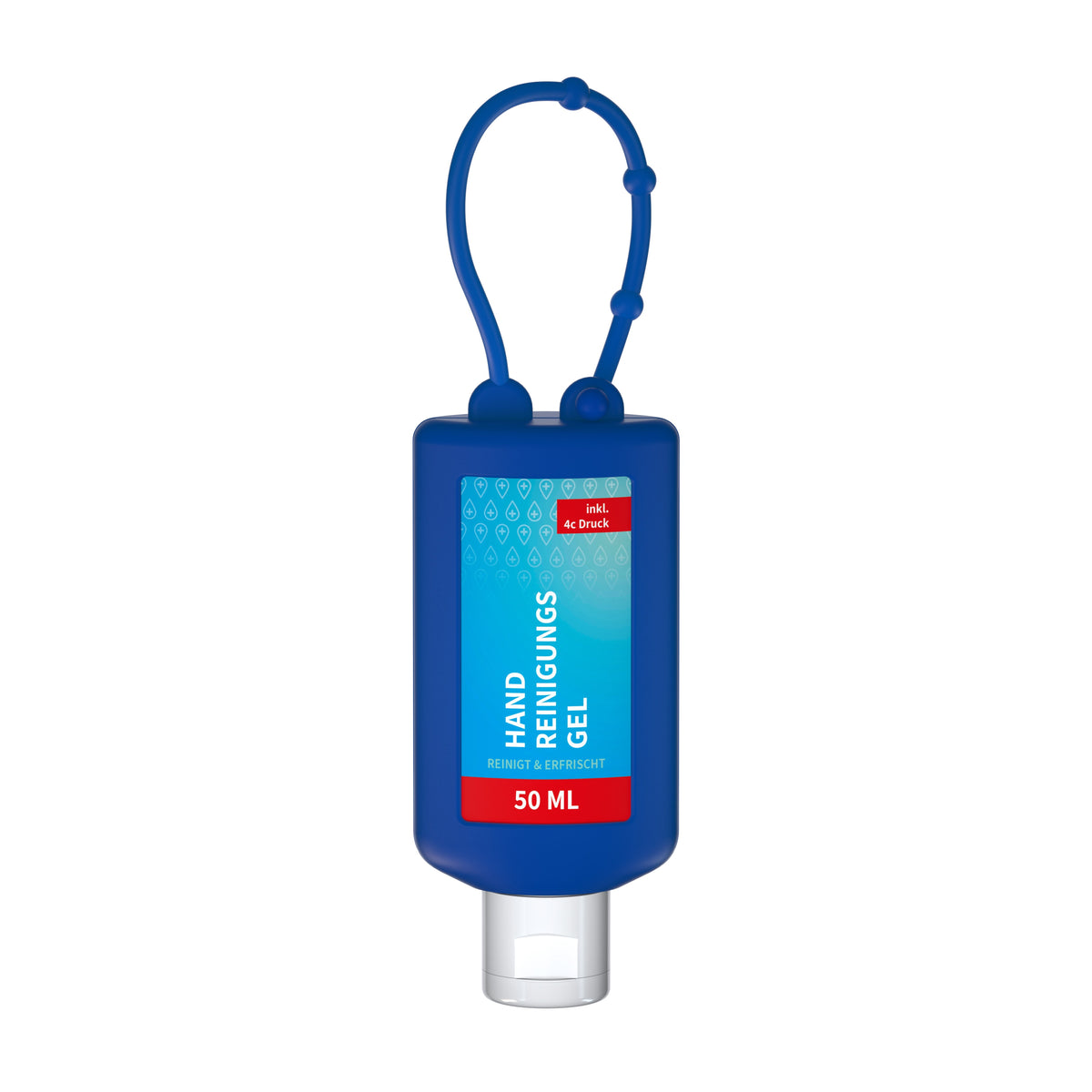 Handreinigungsgel 50 ml Flasche mit Silikonhülle zum Anhängen – Blau