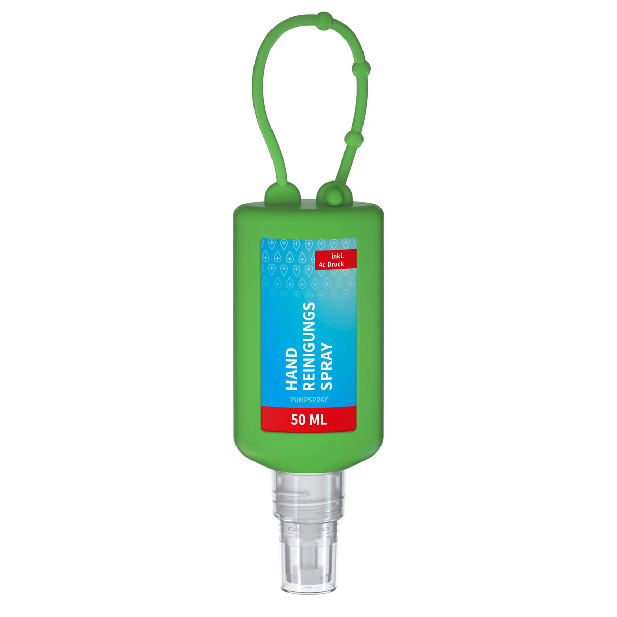 Handreinigungsspray 50 ml Flasche mit Silikonhülle zum Anhängen – Grün