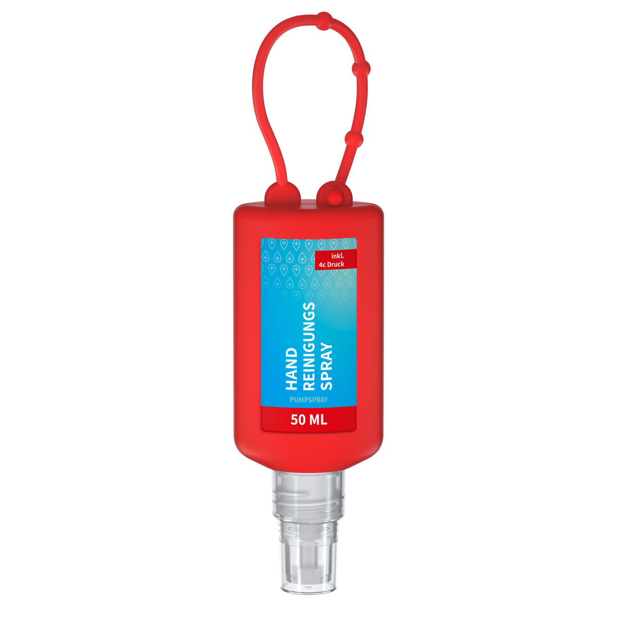 Handreinigungsspray 50 ml Flasche mit Silikonhülle zum Anhängen – Rot