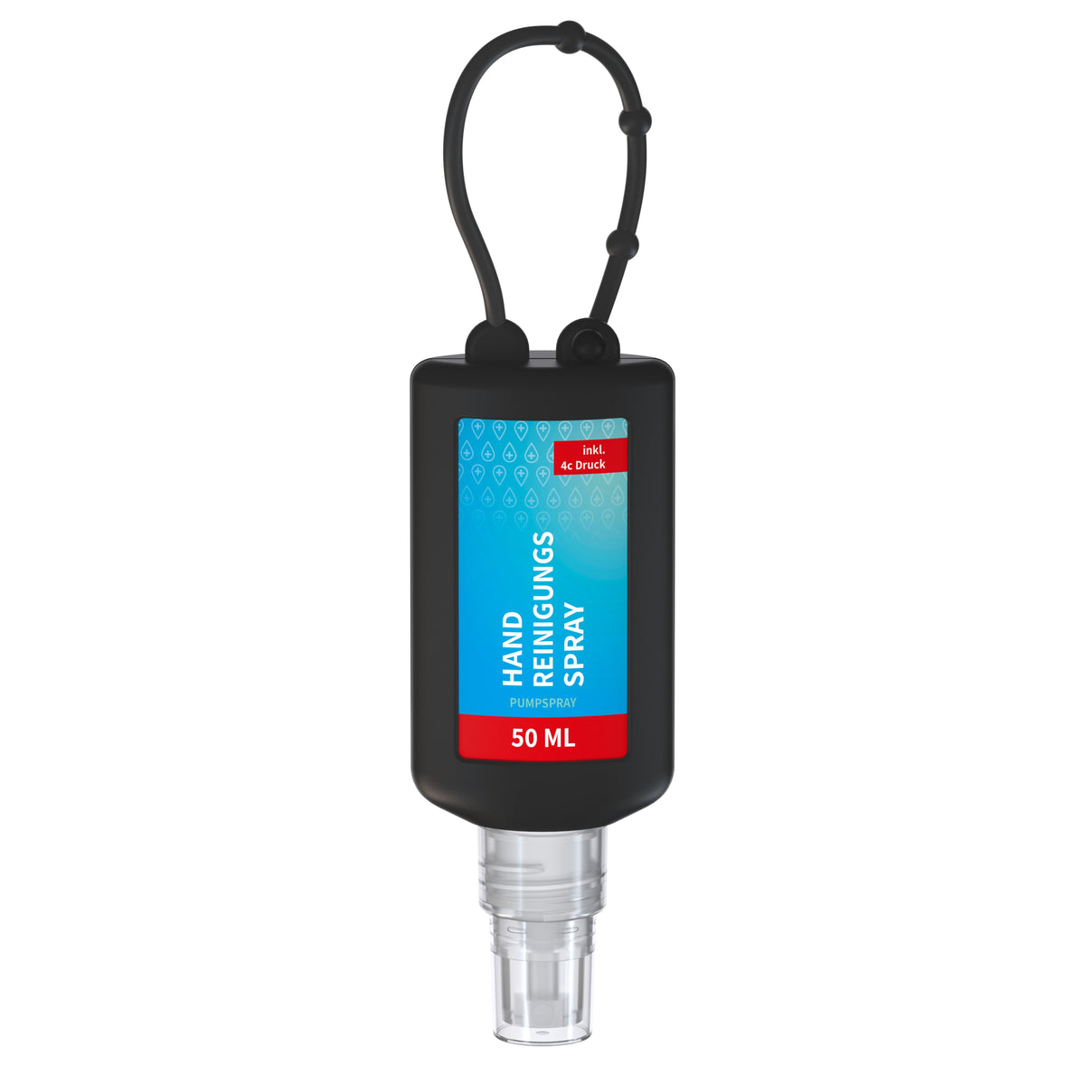 Handreinigungsspray 50 ml Flasche mit Silikonhülle zum Anhängen – Schwarz