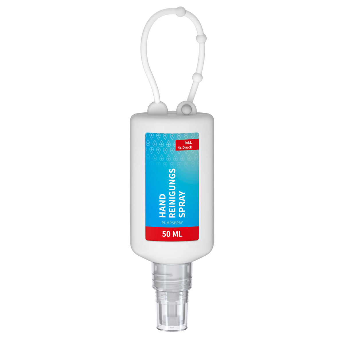 Handreinigungsspray 50 ml Flasche mit Silikonhülle zum Anhängen – Weiß