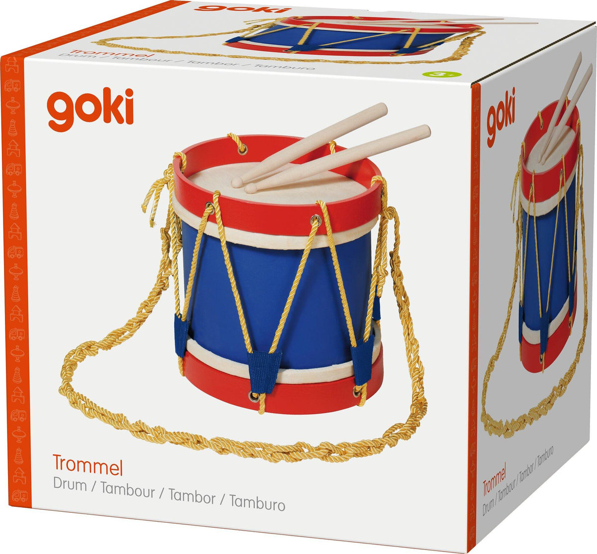 Hohe Holztrommel in Blau und Rot mit Kordel, 20,3 cm – Verpackung