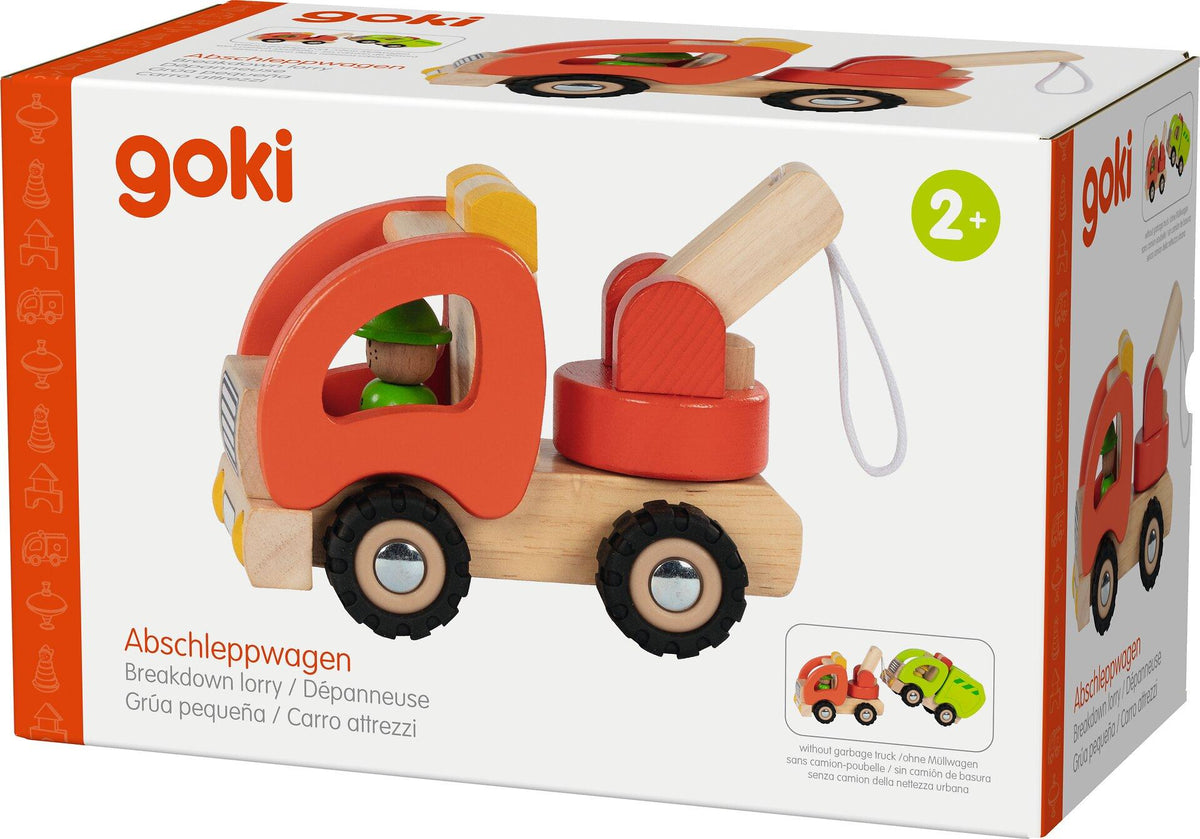 Holz Abschleppwagen mit Kranarm, rund 18,5 cm lang – Detailansicht