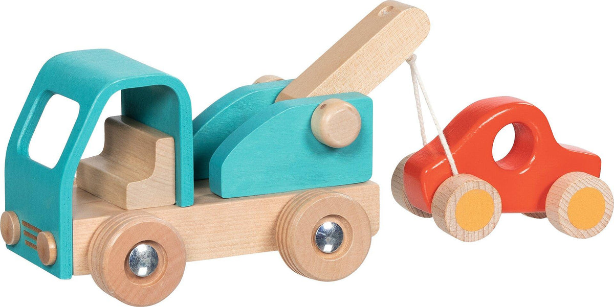 Holz Abschleppwagen mit Kranarm und Schnur, 15,8 cm lang – Rückansicht