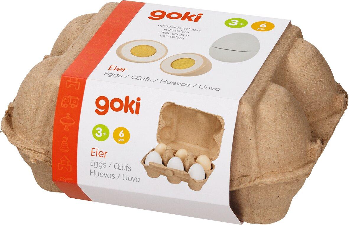 Holzeier mit Klett in der Eierpappe von goki – Seitenansicht