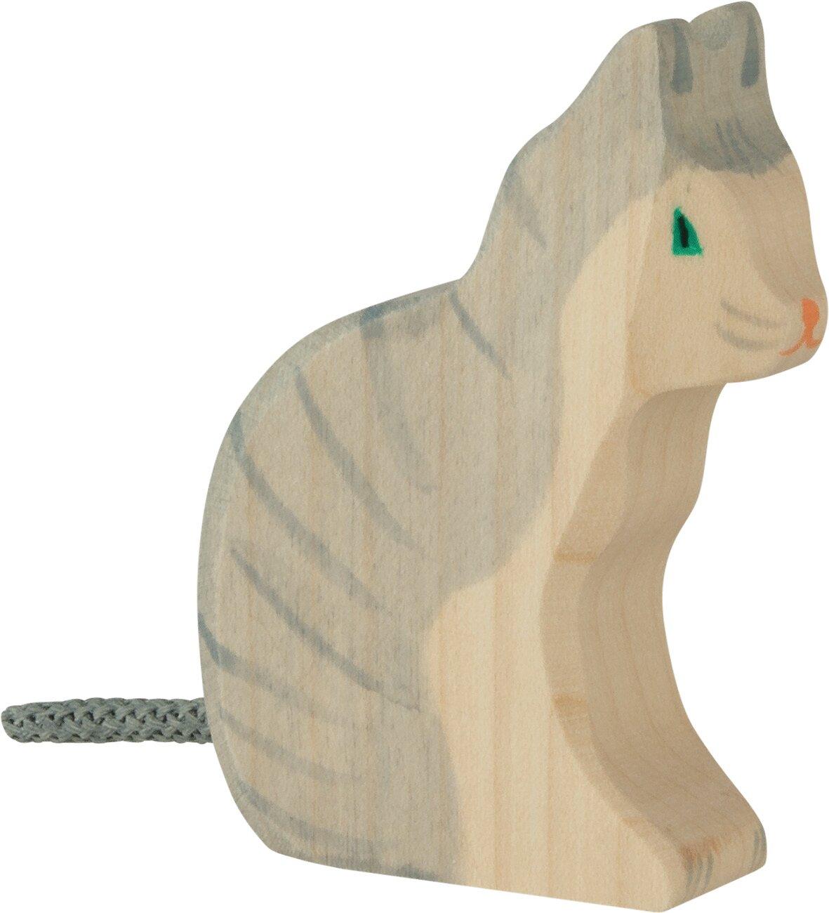 Holzfigur Katze sitzend mit grauen Streifen von HOLZTIGER