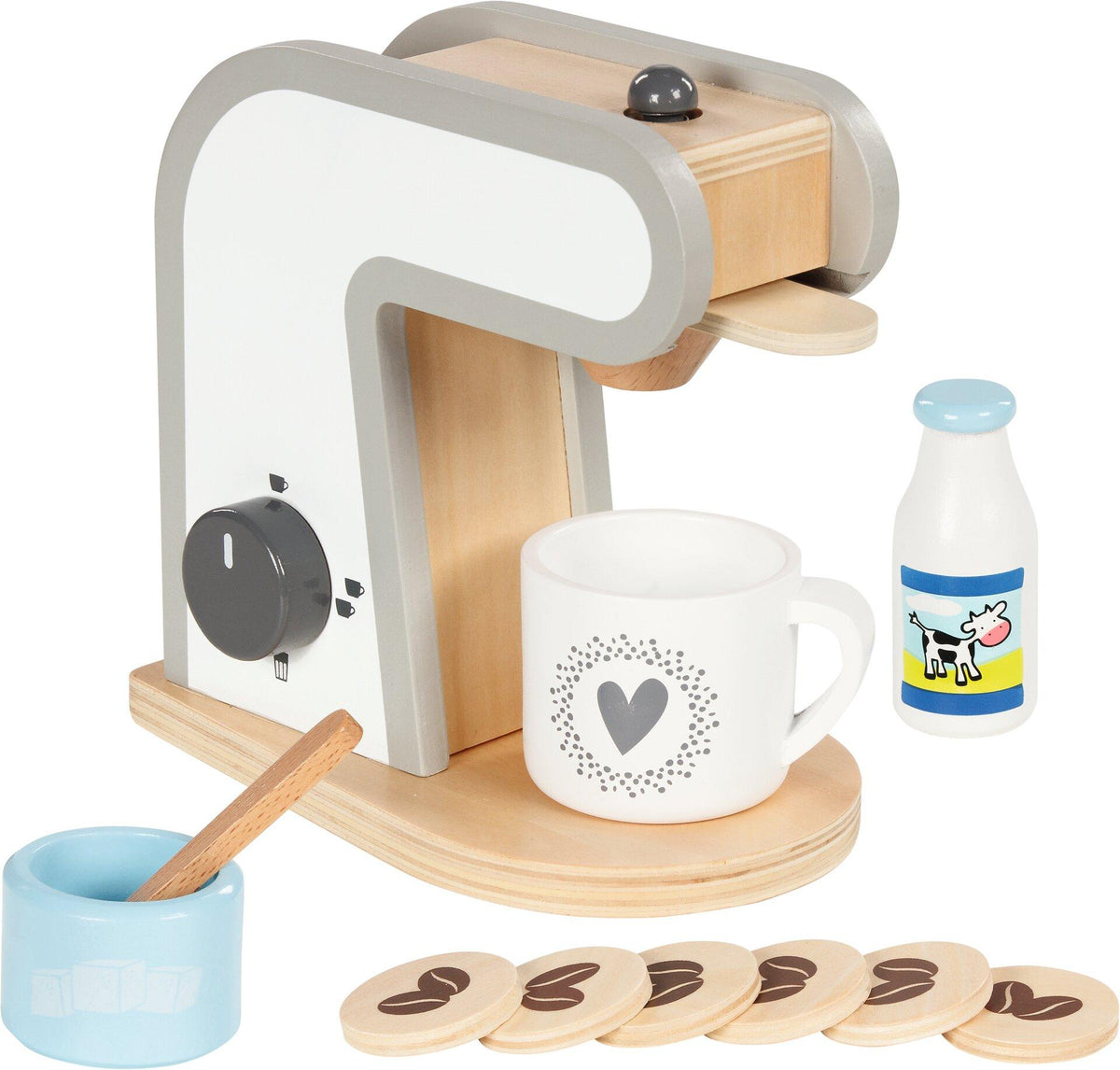 Holzkaffeemaschine mit Milchflasche und Kaffeetalern von goki