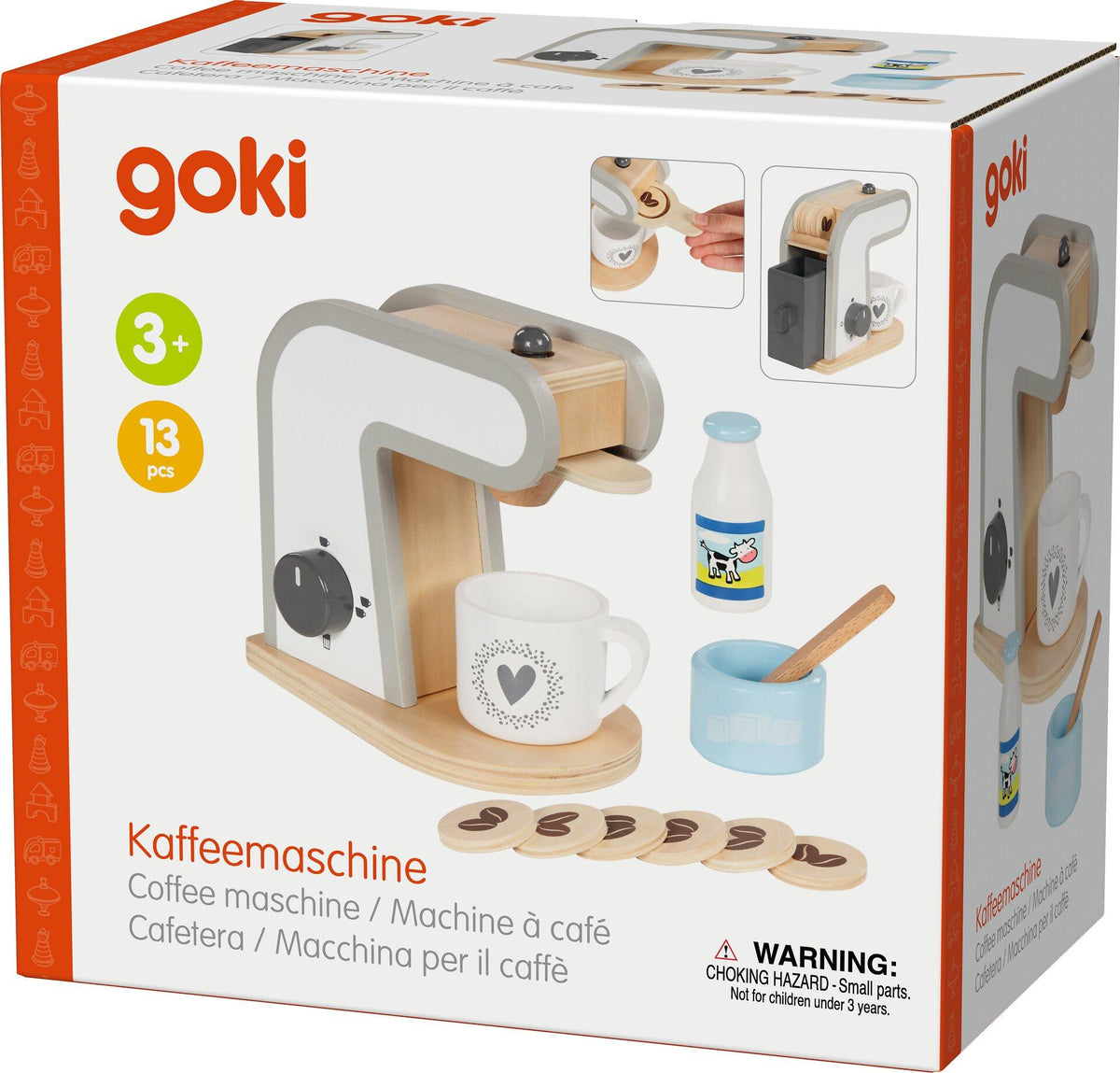 Holzkaffeemaschine mit Milchflasche und Kaffeetalern von goki – Weitere Ansicht