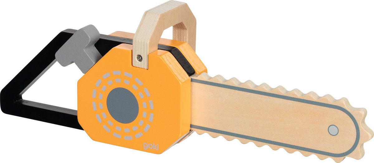 Holzkettensäge in Orange mit Geräusch von goki
