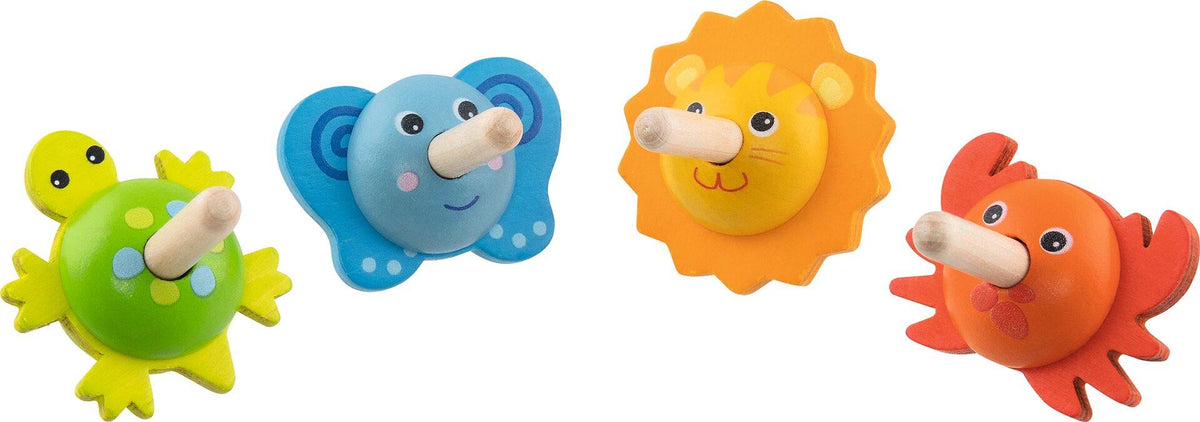 Holzkreisel Schildkröte, Elefant, Löwe und Krabbe