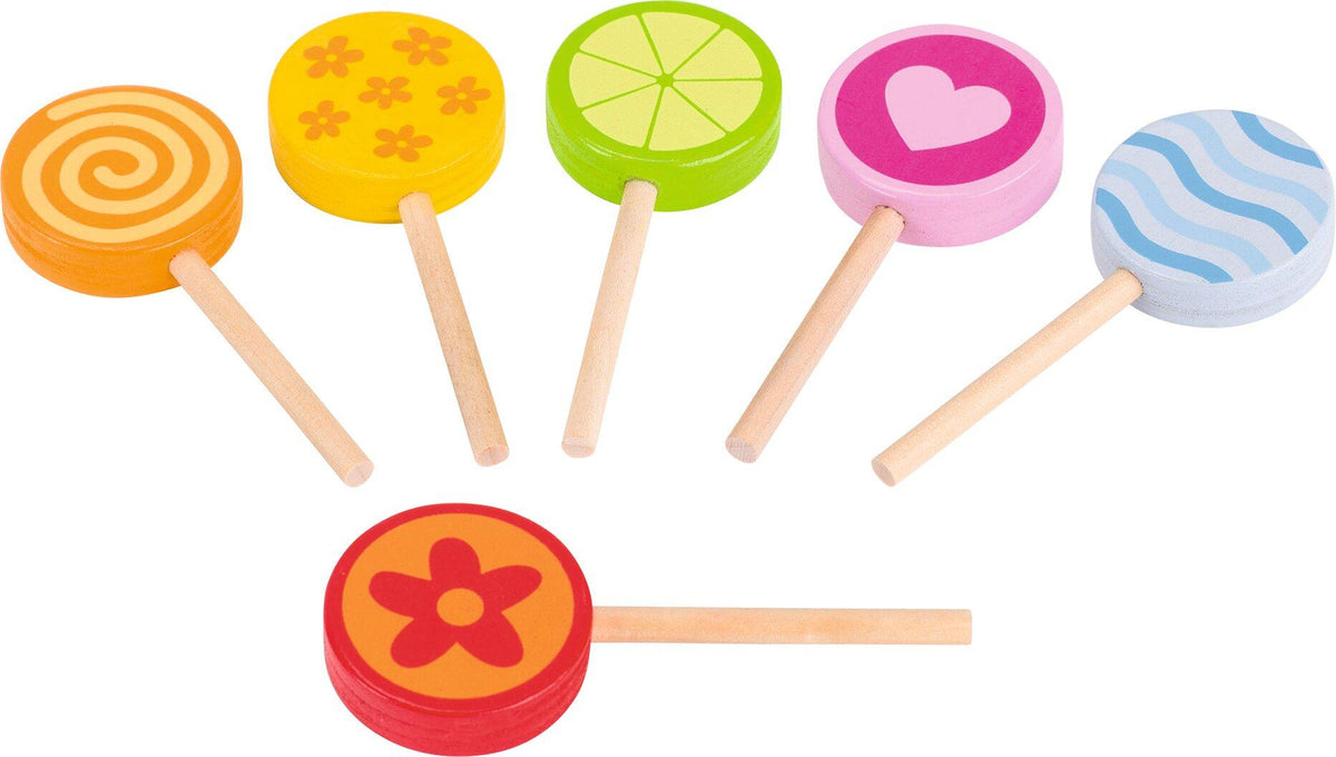 Holzlollies Set mit sechs Motiven für den Kaufladen