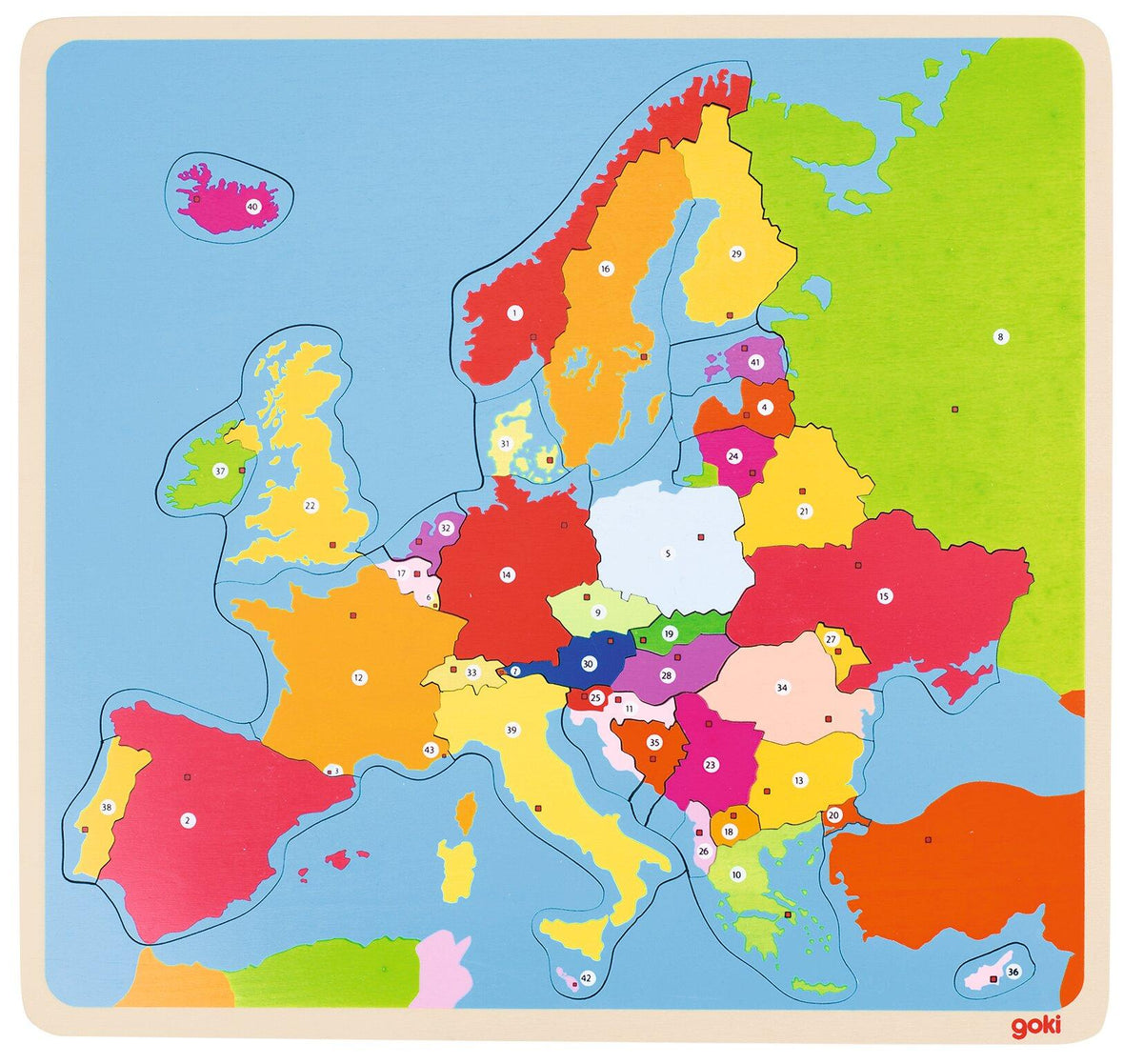 Holzpuzzle Europakarte mit bunten Ländern im Rahmen