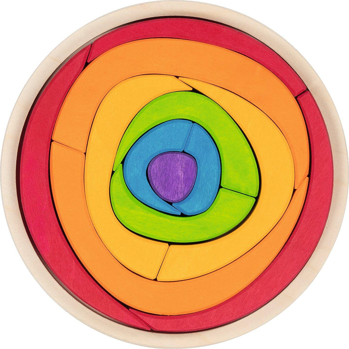 Holzpuzzle Oculus mit Regenbogenringen in runder Form