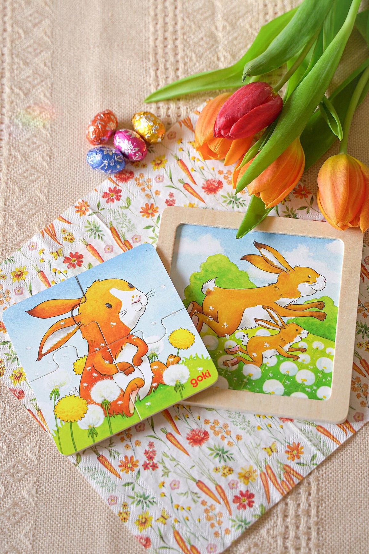 Holzpuzzle Tierkinder mit Rahmen und Hintergrundbild – Ansicht