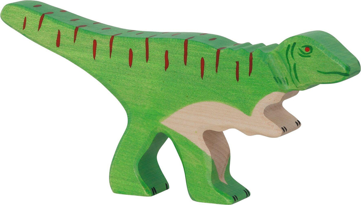HOLZTIGER Holzfigur Allosaurus in Grün mit roten Streifen – Gesamtansicht
