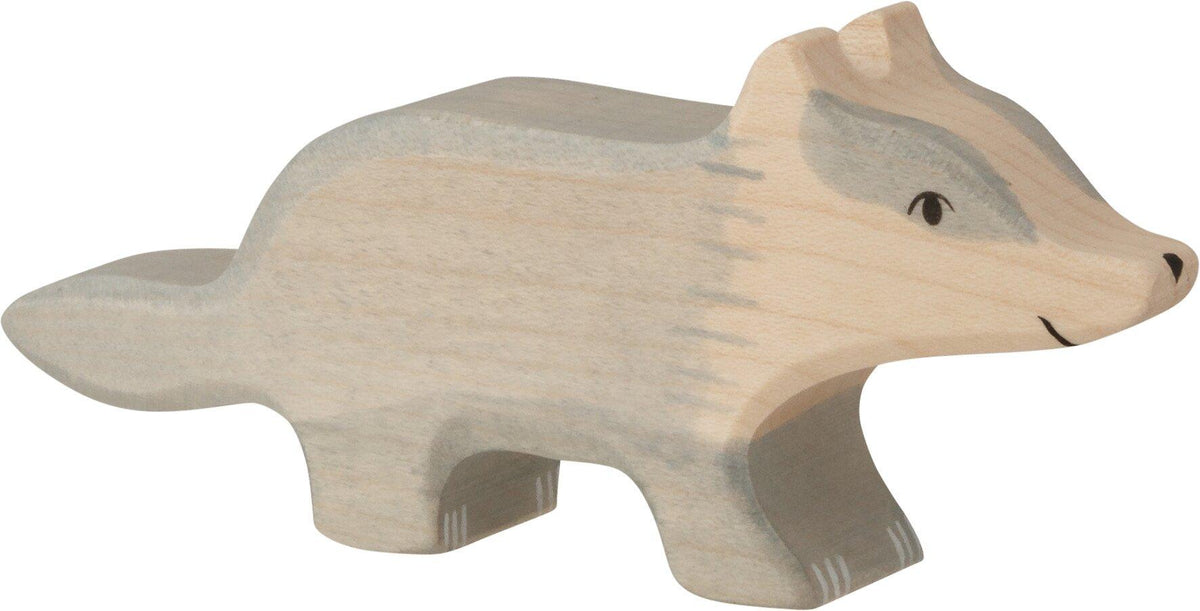 HOLZTIGER Holzfigur Dachs in Grau und Holzton – Ansicht