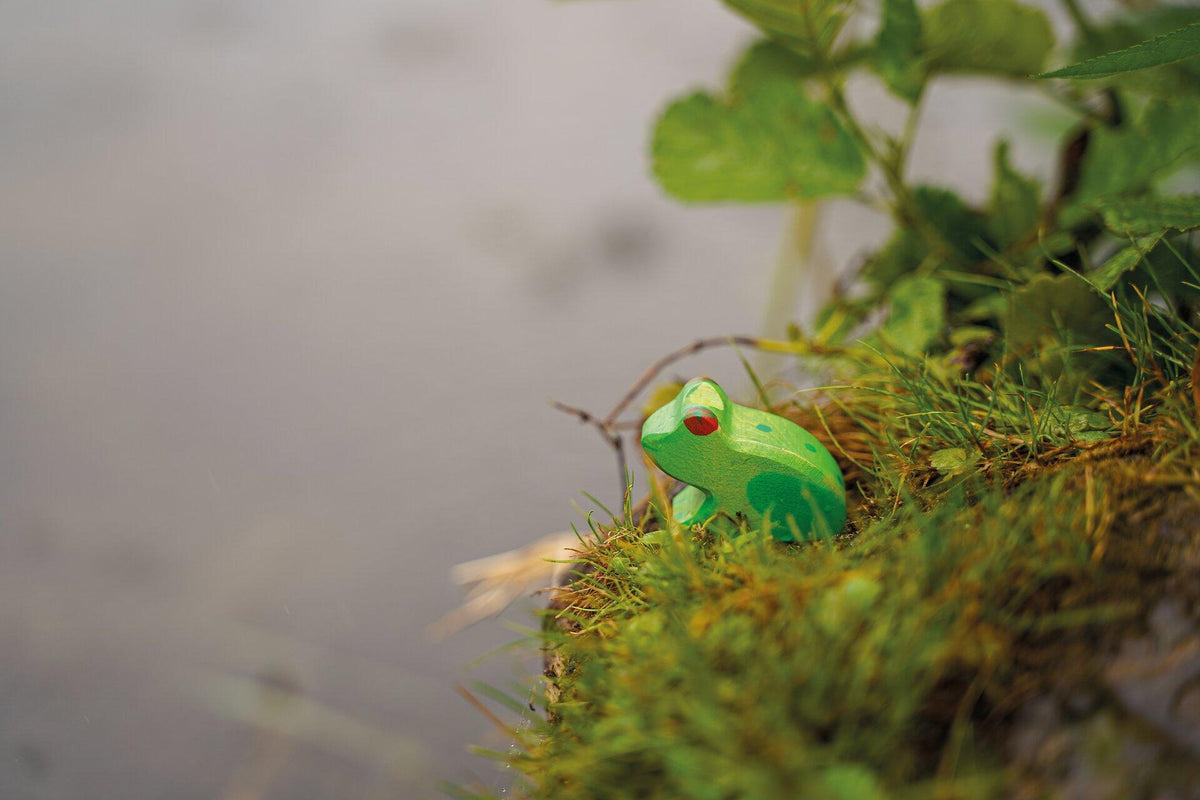 HOLZTIGER Holzfigur Frosch in Grün mit roten Augen – Detailansicht