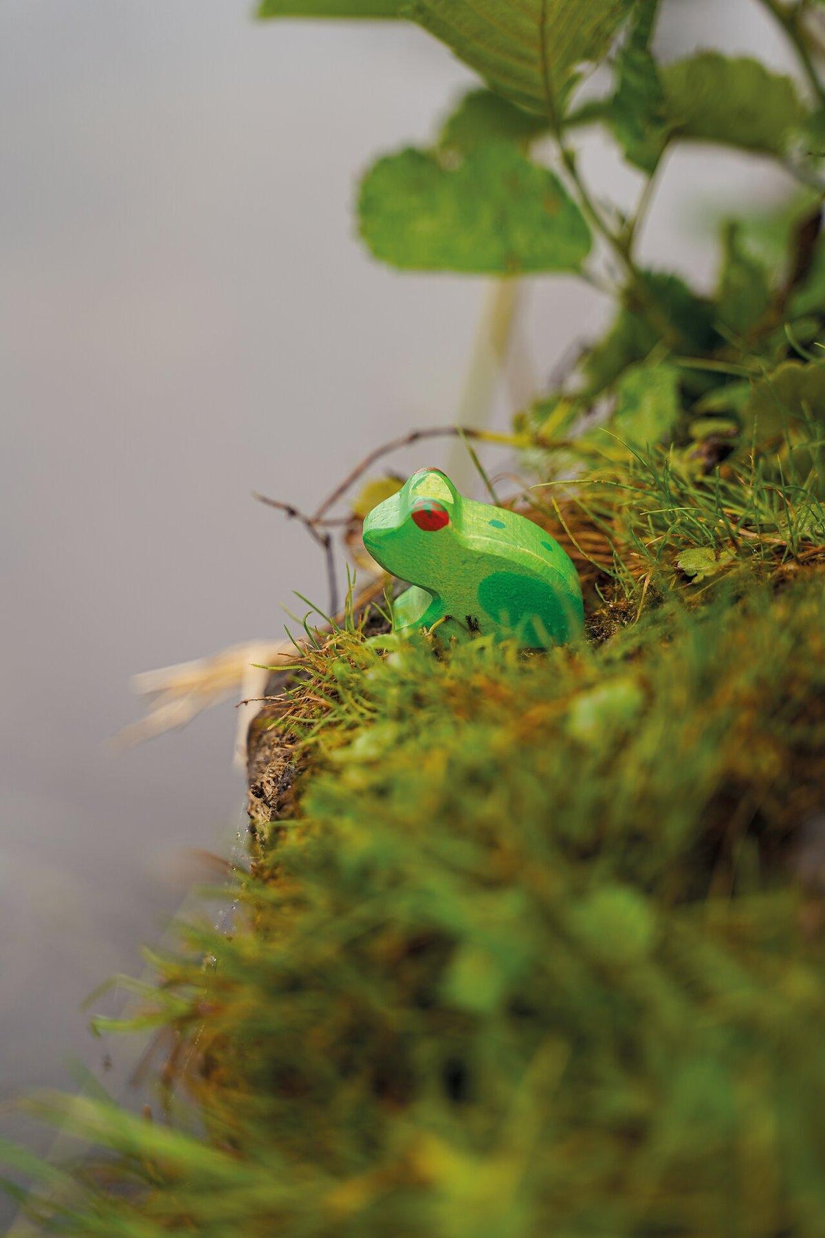 HOLZTIGER Holzfigur Frosch in Grün mit roten Augen – Nahaufnahme