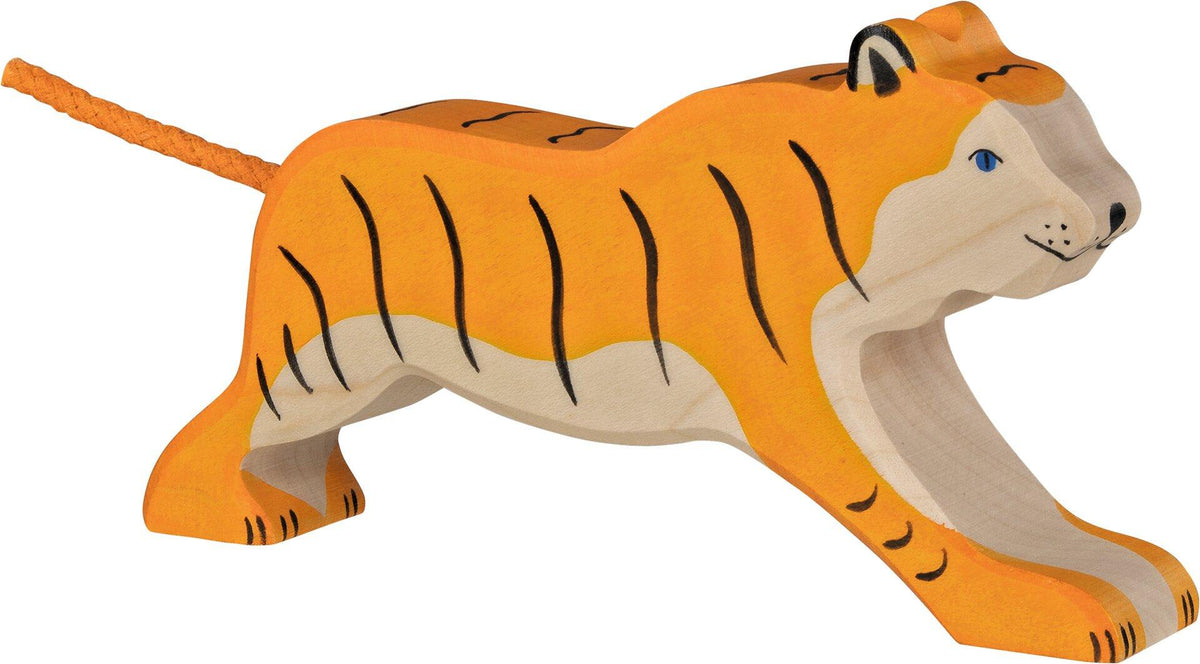 HOLZTIGER Holzfigur Tiger im Lauf mit Kordelschwanz