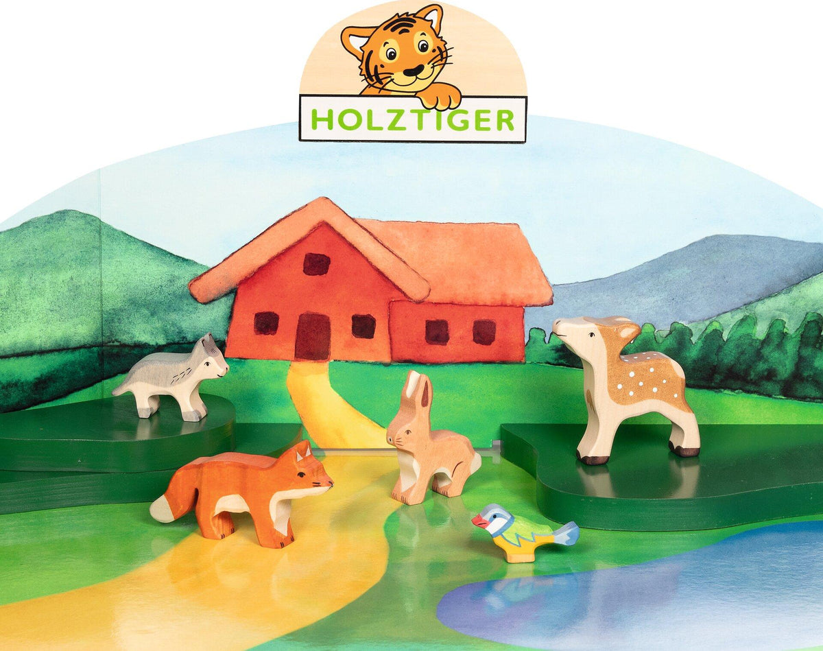 HOLZTIGER Waldtiere Set mit Fuchs, Hase, Kitz, Wolf, Blaumeise