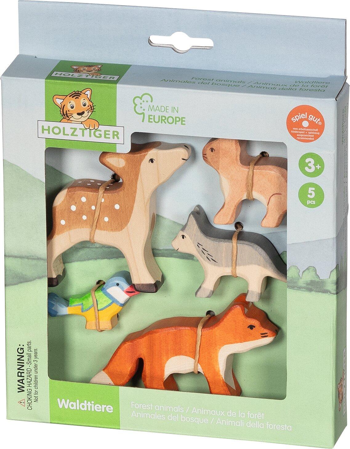 HOLZTIGER Waldtiere Set mit Fuchs, Hase, Kitz, Wolf, Blaumeise – Verpackung